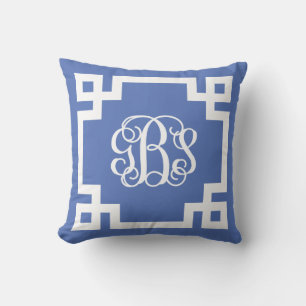 Coussin Monogramme de script GBS Blue et White Greek Key