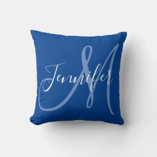 Coussin Monogramme de script moderne en bleu