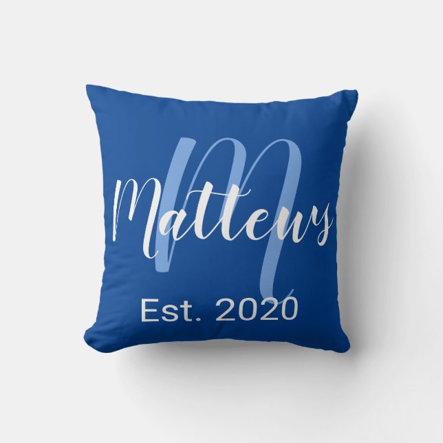 Coussin Monogramme de script moderne en bleu (Recto)