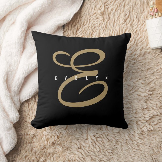 Coussin Monogramme de script noir et or chic (Couverture)