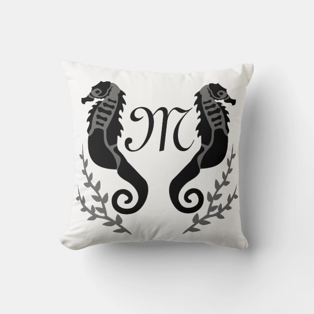 Coussin Monogramme de silhouette de cheval de mer noir (Recto)