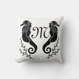 Coussin Monogramme de silhouette du cheval de mer noir