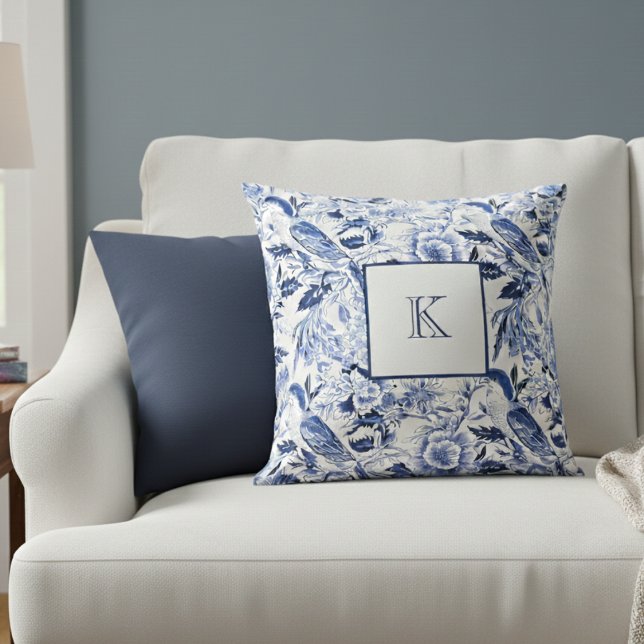 Coussin Monogramme de style campagnard français floral ble (Créateur téléchargé)