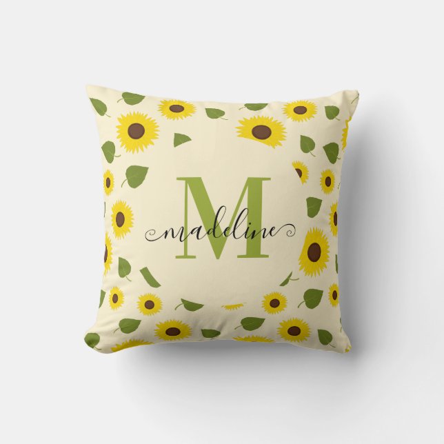 Coussin Monogramme de style feuille verte jaune tournesol  (Recto)