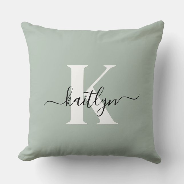 Coussin Monogramme de style moderne vert sauge (Recto)
