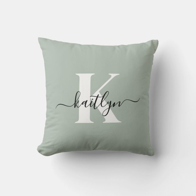 Coussin Monogramme de style moderne vert sauge (Recto)