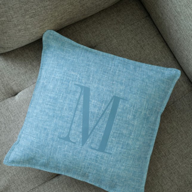 Coussin monogramme de texture de lin bleu clair (Créateur téléchargé)