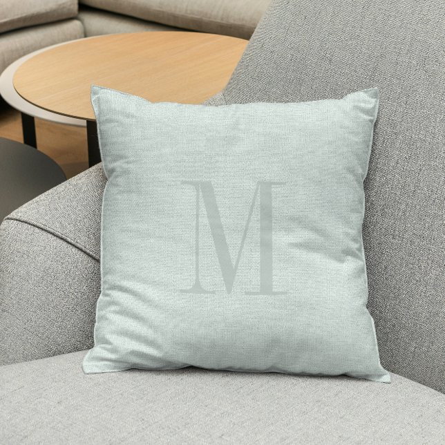 Coussin monogramme de texture de lin vert de mer (Créateur téléchargé)