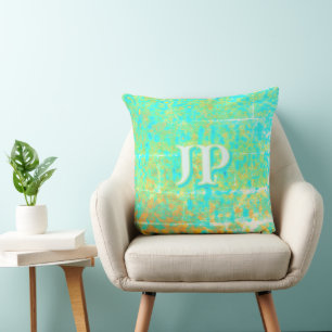 Coussin Monogramme de texture océanique turquoise clair en