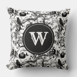 Coussin Monogramme de toile d'Halloween noir et blanc