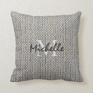 Coussin Monogramme de toile gris rustique moderne de