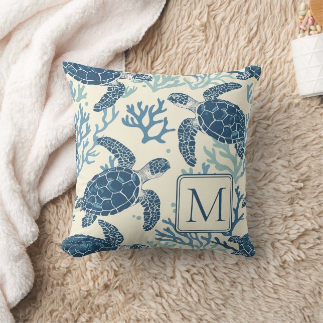 Coussin Monogramme de tortues marines bleues et crémeuses (Couverture)