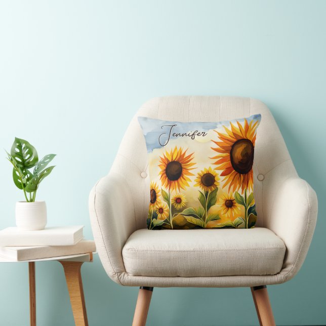 Coussin Monogramme de tournesols aquarelle Whimsical Rusti (Chaise)