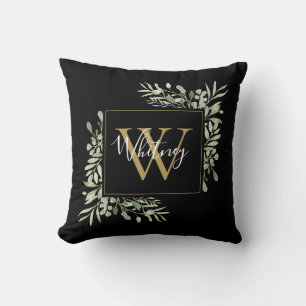 Coussin Monogramme de verdure en or noir personnalisé