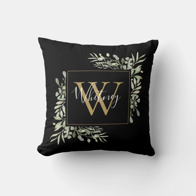 Coussin Monogramme de verdure en or noir personnalisé (Recto)