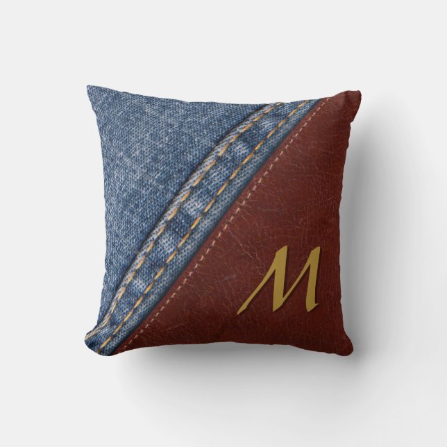 Coussin Monogramme Denim et cuir (Recto)