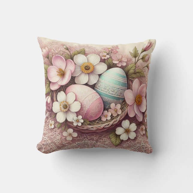 Coussin Monogramme dentelle rose fleurie oeufs de Pâques d (Recto)