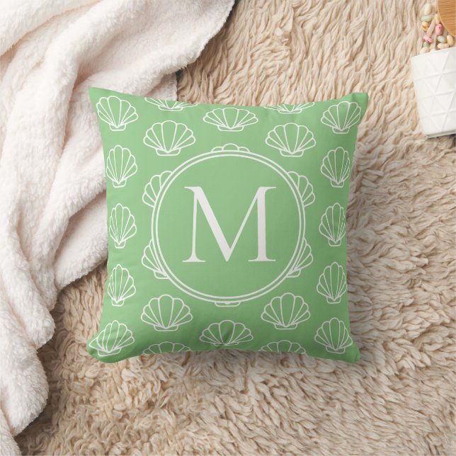 Coussin Monogramme des coquilles de pétoncle vert et blanc (Couverture)