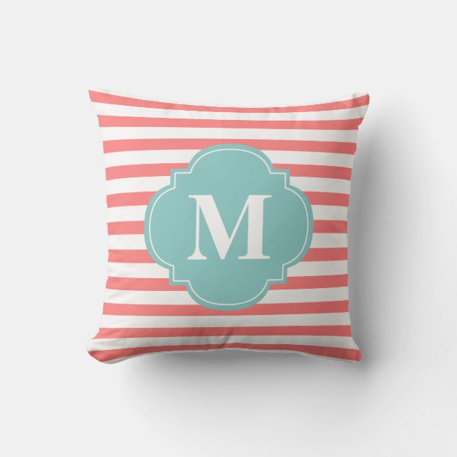 Coussin Monogramme des rayures de corail et de menthe (Recto)