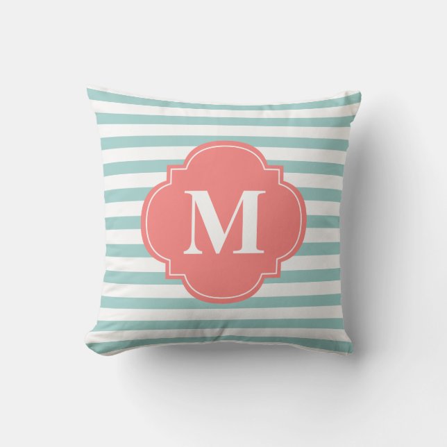Coussin Monogramme des rayures de menthe et de corail (Recto)