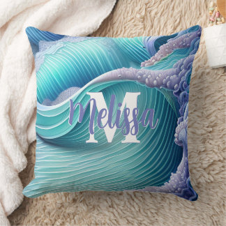Coussin Monogramme des vagues de la mer Pastel