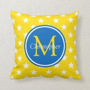 Coussin Monogramme d'étoiles jaunes et bleues de jours