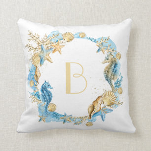 Coussin Monogramme d'hippocampe de mer et de plage