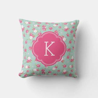 Coussin Monogramme d'impression Vintage à la menthe et ros