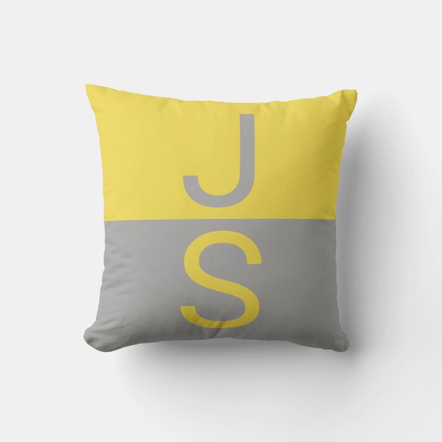Coussin Monogramme d'initiales modernes jaune et gris (Recto)