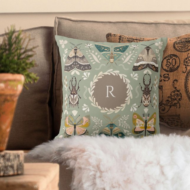 Coussin Monogramme d'insectes d'art populaire personnalisé (Créateur téléchargé)