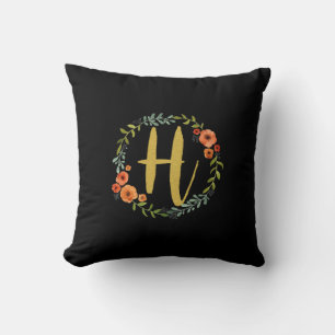 Coussin Monogramme d'or de la couronne de fleurs H initial