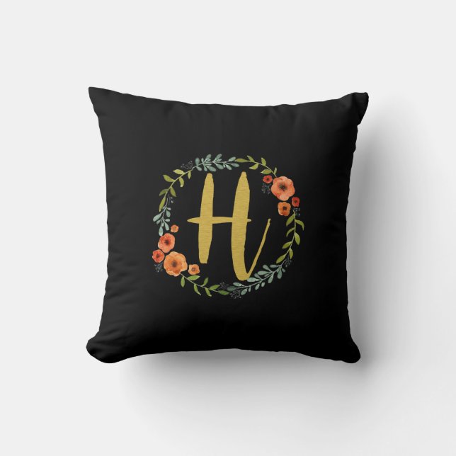 Coussin Monogramme d'or de la couronne de fleurs H initial (Recto)