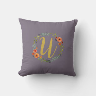 Coussin Monogramme d'or de la couronne de fleurs U initial