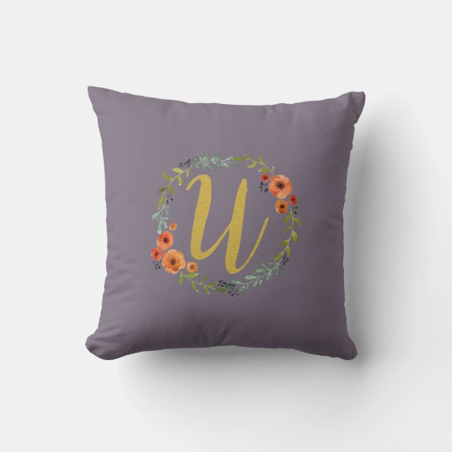 Coussin Monogramme d'or de la couronne de fleurs U initial (Recto)