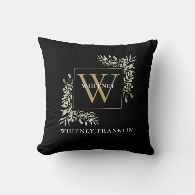 Coussin Monogramme d'or noir Foliage vert moderne (Recto)