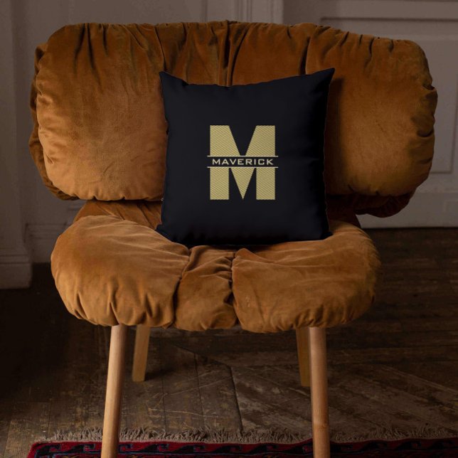 Coussin Monogramme d'or noir Nom Elégant Masculine moderne (Créateur téléchargé)