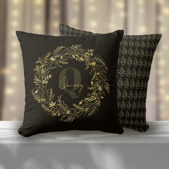 Coussin Monogramme doré botanique lettre Q silencieuse (Créateur téléchargé)