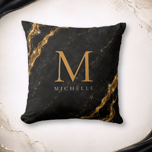 Coussin Monogramme doré en marbre noir personnalisé Glam