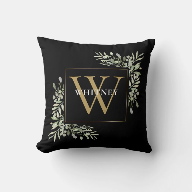 Coussin Monogramme doré feuillage de verdure moderne noir (Recto)