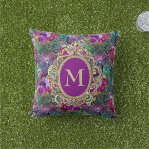 Coussin Monogramme doré floral élégant paon sarcelle viole