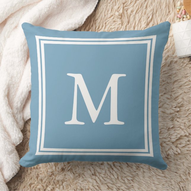 Coussin Monogramme double cadre blanc sur bleu Caroline (Couverture)