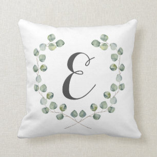 Coussin Monogramme du cadre   de feuille d'eucalyptus