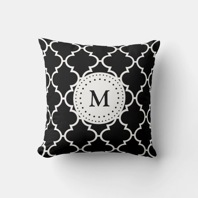 Coussin monogramme du Motif Quatrefoil noir blanc (Recto)