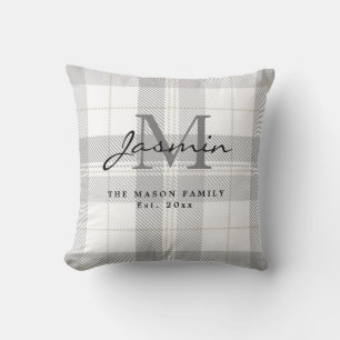 Coussin Monogramme du nom de famille Tartan Plaid Gris Bla