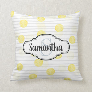 Coussin Monogramme du point de polka jaune citron et des r