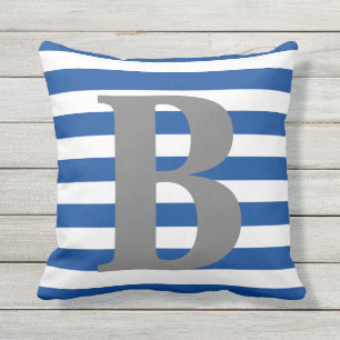 Coussin Monogramme du Royal Blue White Stripes Carré initi