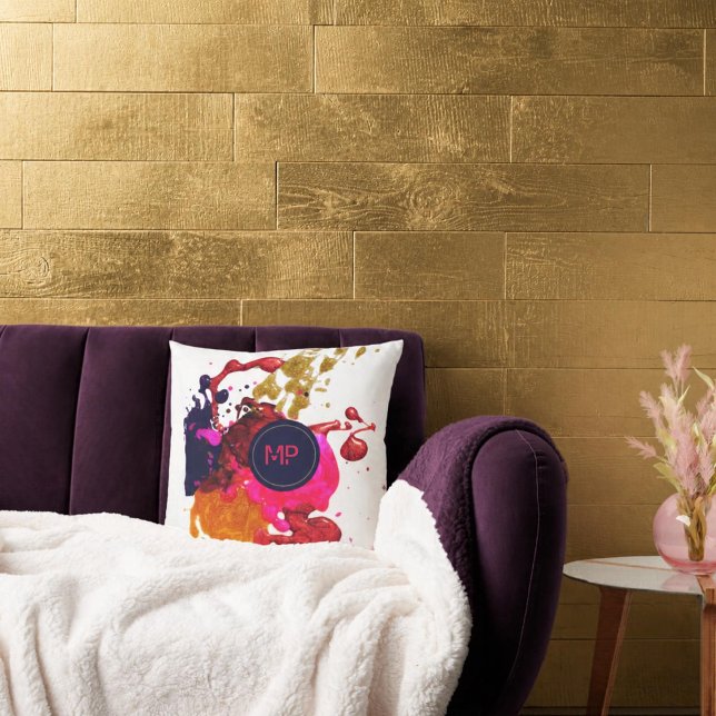 Coussin Monogramme éclaboussé d'or rose violet (Créateur téléchargé)