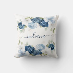 Coussin Monogramme élégant à floral bleu poussiéreux