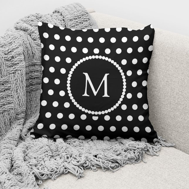 Coussin Monogramme élégant à pois noirs et blancs (Créateur téléchargé)