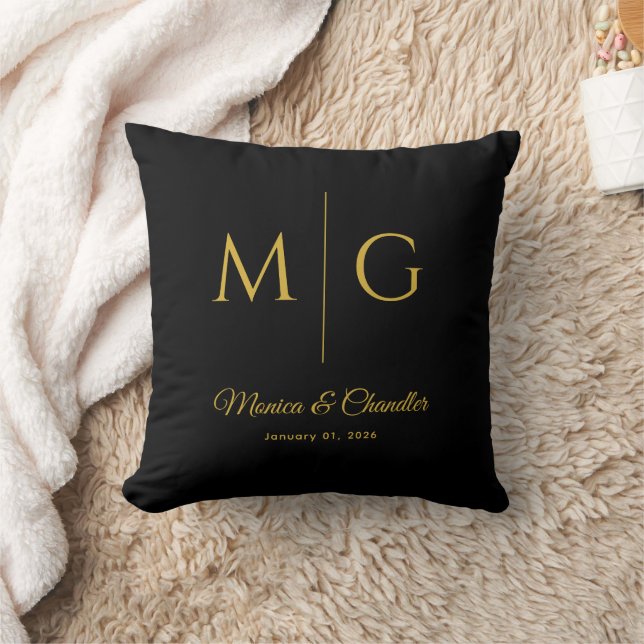 Coussin Monogramme élégant avec nom de couple noir (Couverture)
